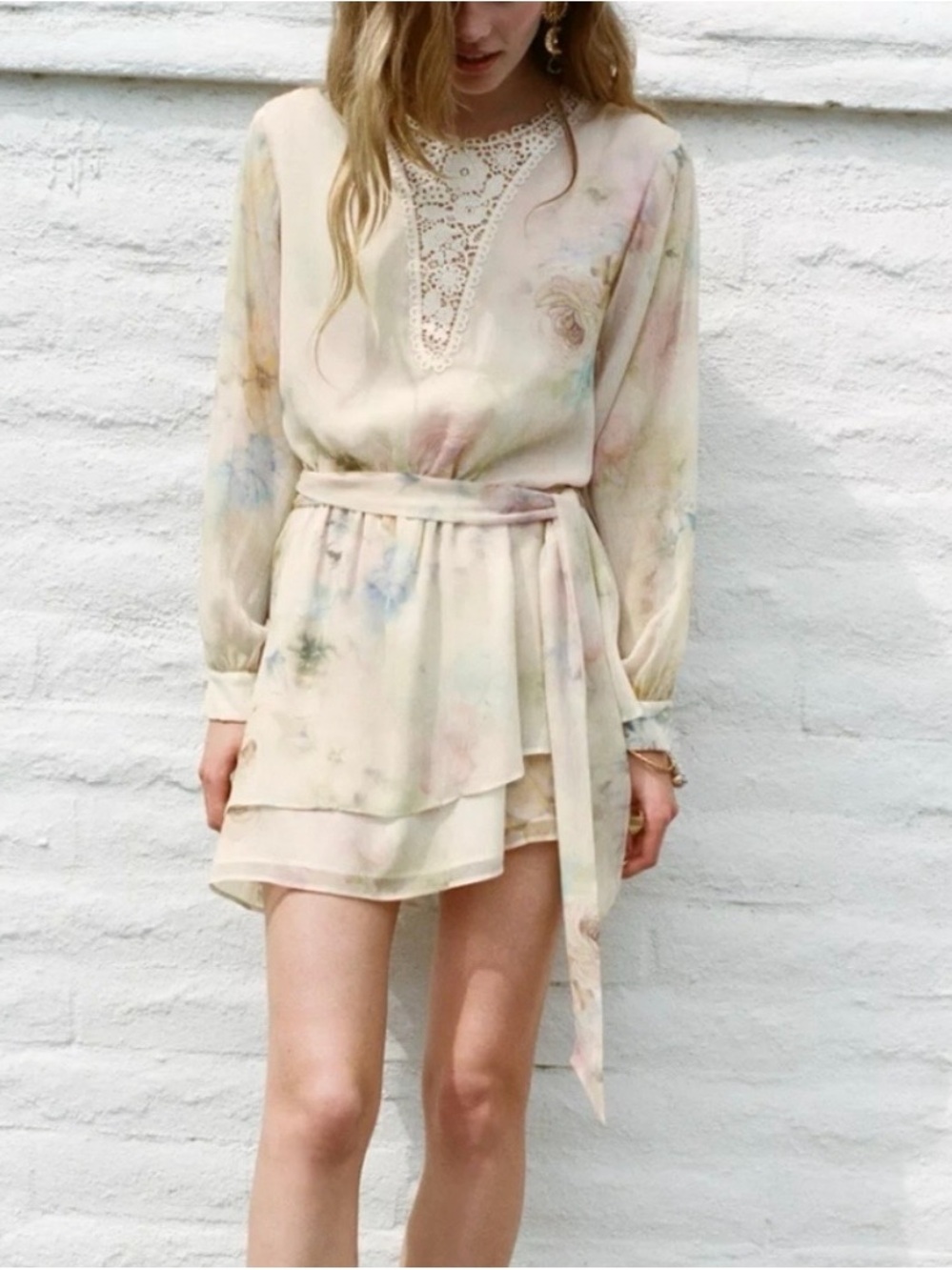 Zara Floral Romantic Printed Longsleeve Wrap Ruffle Mini Dress | Cream | Medium